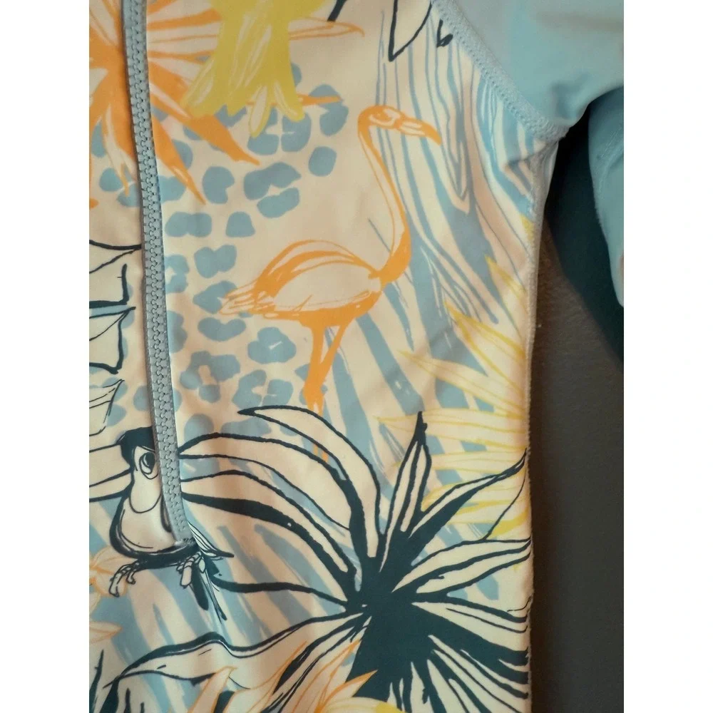 RuggedButts Boys‎ Tropical Flamingo One Piece Rash Guard Swimsuit Blue 6-12M